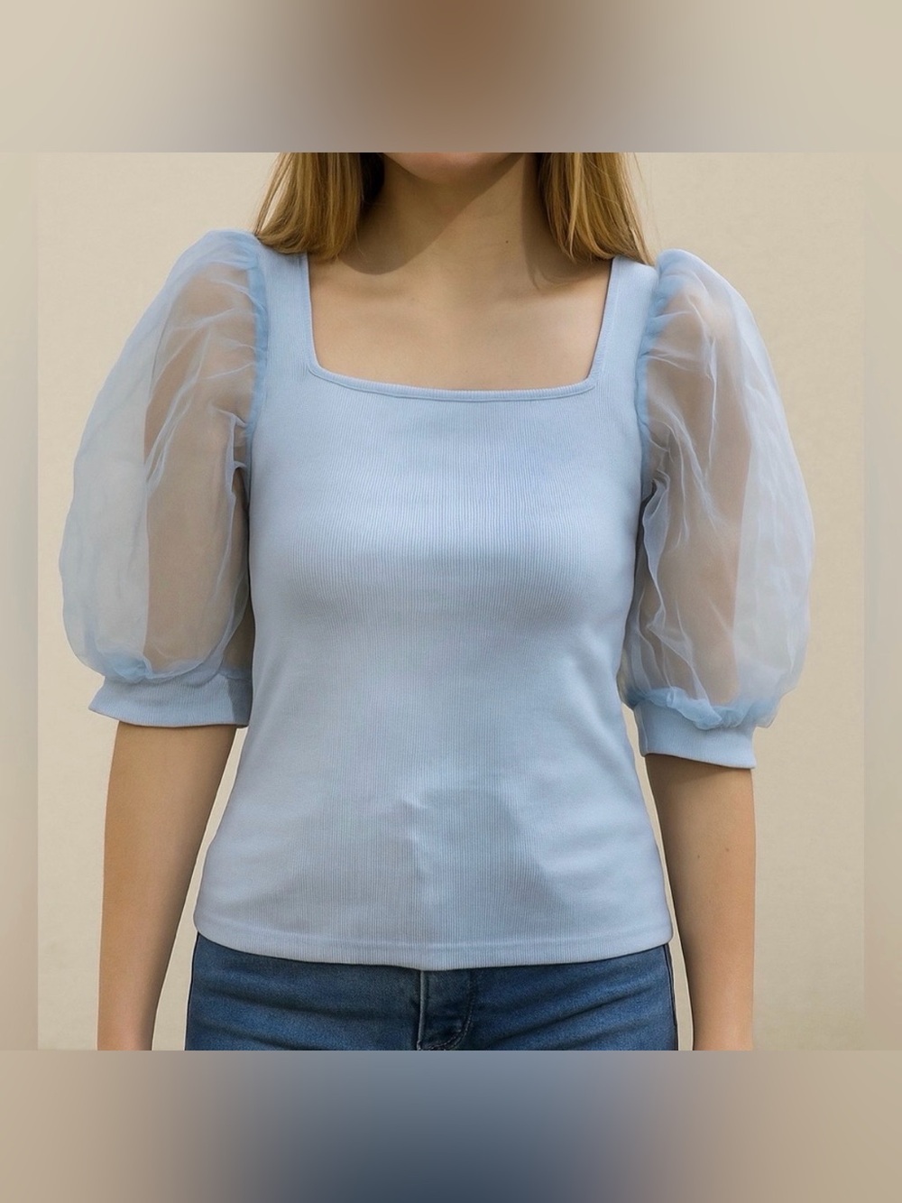 Joie Powder Blue Square Neck Puff Sleeve Top